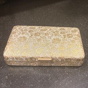 Vintage Mid Century Light Blue and Gold Brocade Travel Jewelry Box